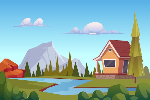 Vector outdoor landscape background with house near river and mountains vector cartoon illustration of outdoor house building