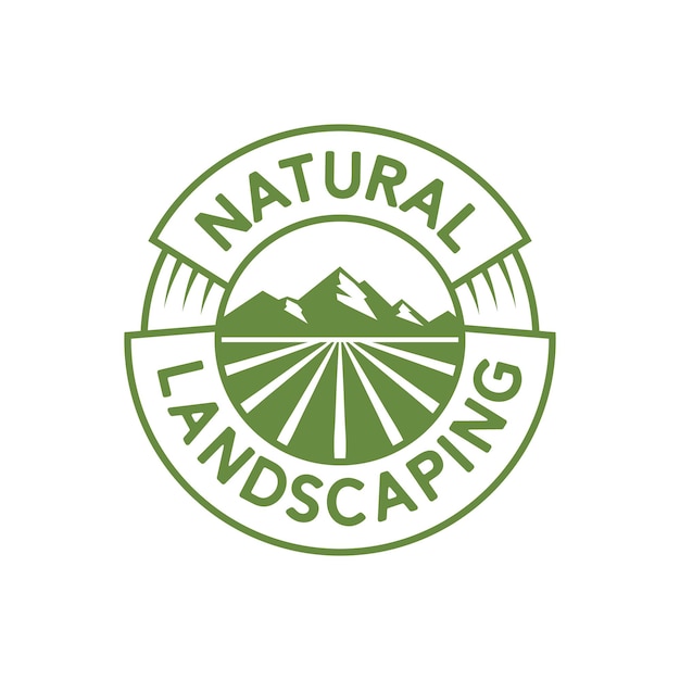 Emblema di paesaggio all'aperto con vista rurale sulle montagne e sui campi di riso verdi grunge vintage logo design ispirazione