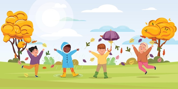 Outdoor leisure park activities illustration with a group of different children enjoying an autumn