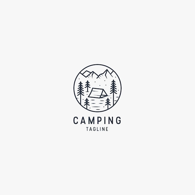 Outdoor Logo of Camping And Adventure Travel Vacation Forest Line art Retro Vector Illustration