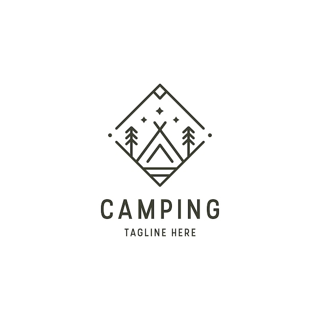 Logo esterno del campeggio e viaggi avventura forest line art retrò illustrazione vettoriale