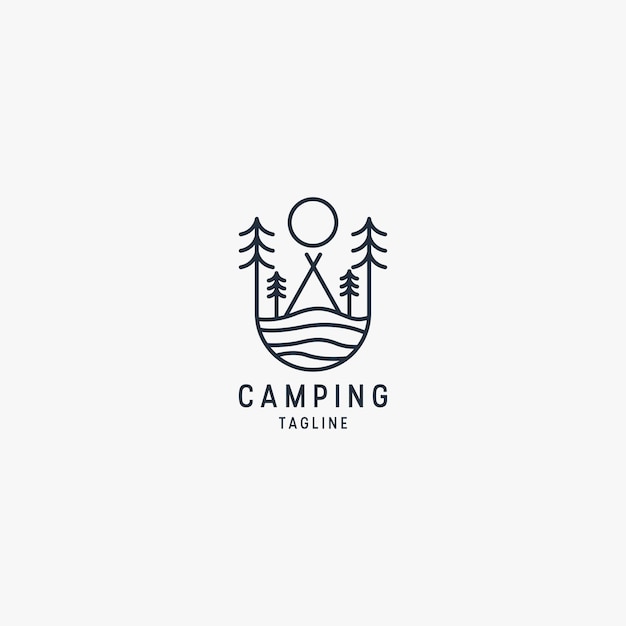 Outdoor Logo van Camping en avontuur reizen vakantie bos lijntekeningen Retro vectorillustratie