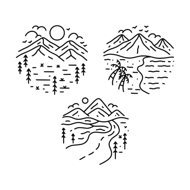 Il logo della montagna all'aperto imposta lo stile disegnato a mano dell'illustrazione di vettore