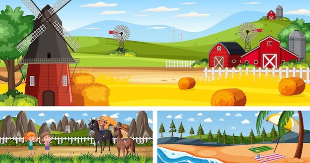 Vector outdoor panoramic landscape scenes set with cartoon character