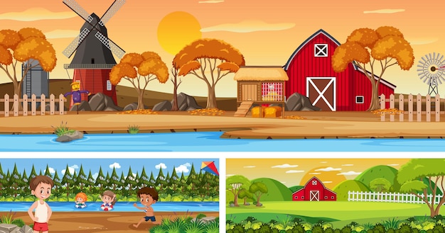 Vector outdoor panoramic landscape scenes set with cartoon character