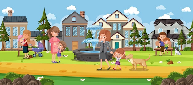 Scena del parco all'aperto con personaggio dei cartoni animati di persone