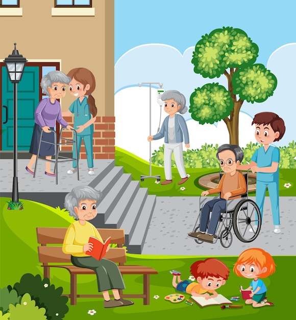 Outdoor park with elderly people and caregivers