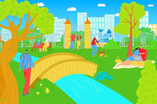 人と屋外公園、ベクトルイラスト。男性女性キャラクターは公園で休む、都市のライフスタイルのためのレジャー、夏のピクニックで幸せなカップル。