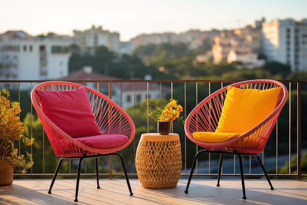 Outdoor patio met lege stoel en tafel Vintage lichtfilter