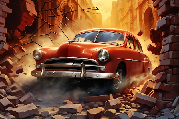 Vector outdoor photo of a classic hot rod cruising down route 66 at sunset photorealistic image gleaming