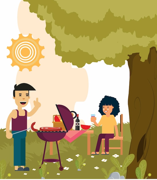 Vector outdoor picknick tekening gelukkig paar barbecue gekleurd