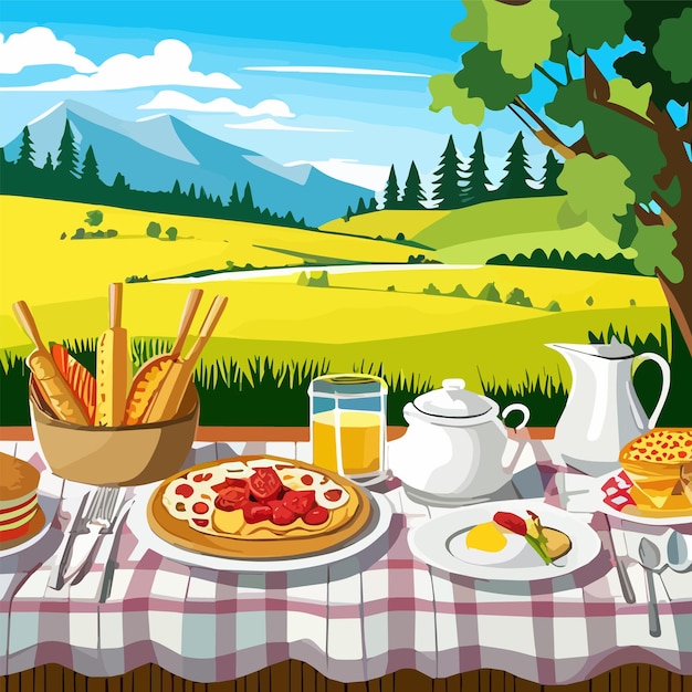 Vettore un tavolo da picnic all'aperto con cibo e bevande colorati con la natura circostante come sfondo