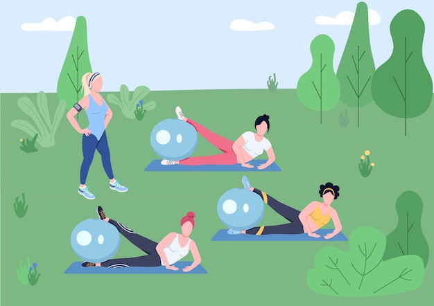 Vector outdoor pilates klasse egale kleur illustratie. vrouwelijke fitness instructeur en jonge vrouwen trainen met stabiliteit ballen 2d stripfiguren met de natuur op de achtergrond.