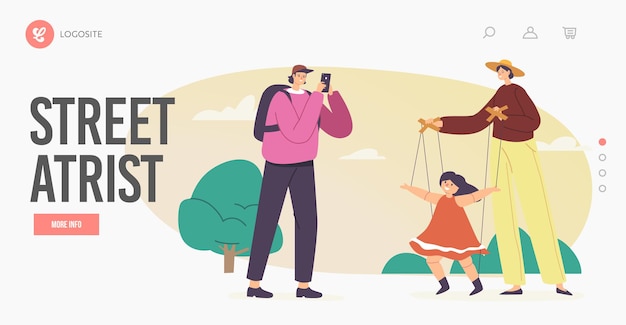 outdoor puppet concert landing page template. master manipulate toy dancing on strings. street artist puppeteer character perform show with marionette doll on ropes. cartoon people vector illustration