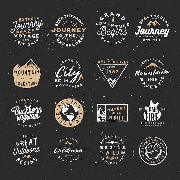 Outdoor retro bundle adventure logos pack with rough and distressed effect