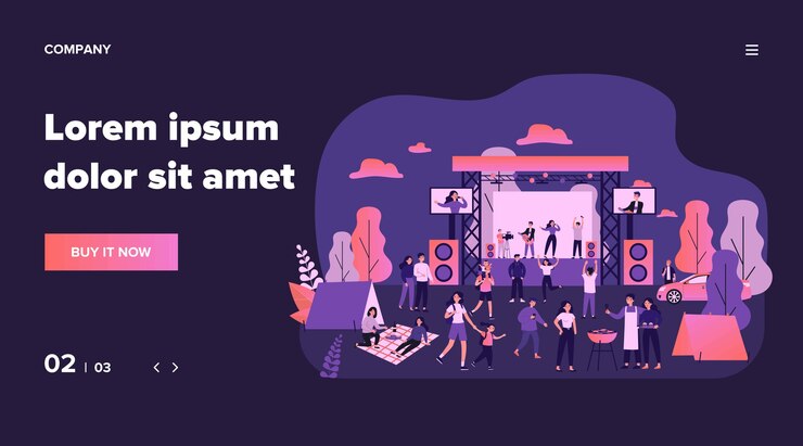 Вектор открытый рок-концерт и кулинарный фестиваль. толпа людей, слушающих музыку в парке, наслаждаясь кемпингом, пикником и барбекю. иллюстрация для вечеринки на открытом воздухе, досуга, концепции мероприятия