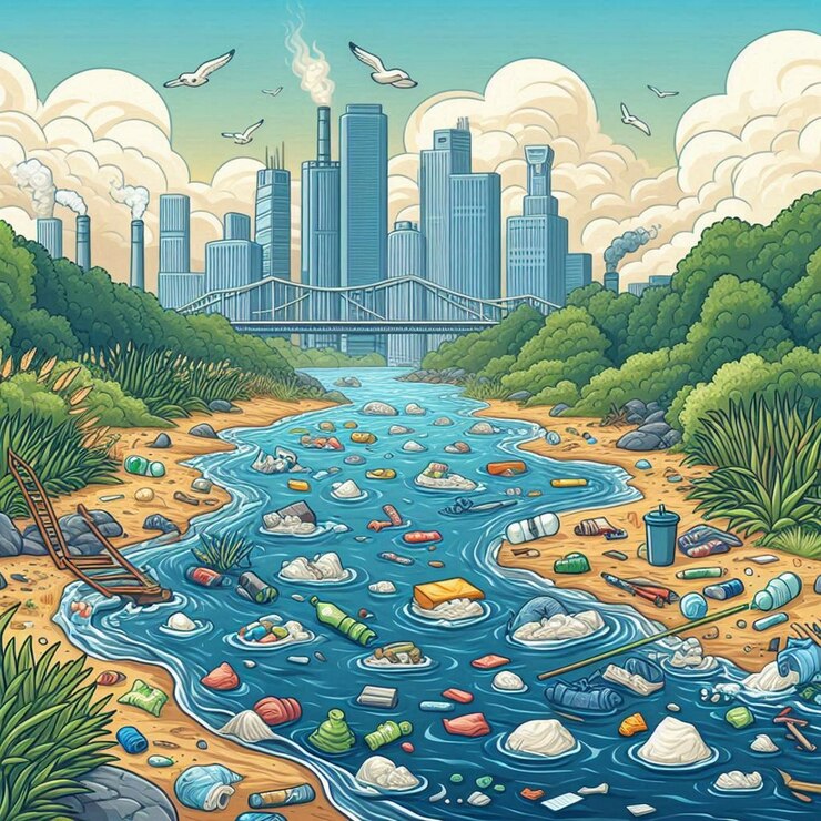 Vector outdoor scene where a river flows past a city skyline with industrial waste illustration