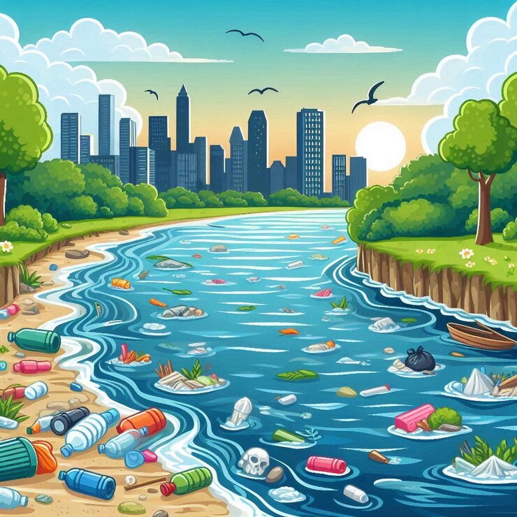 Vector outdoor scene where a river flows past a city skyline with industrial waste illustration