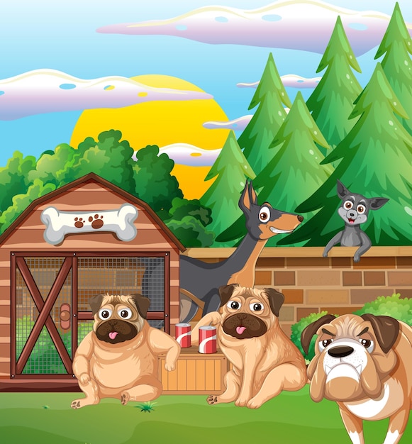 Outdoor scene with cartoon dogs