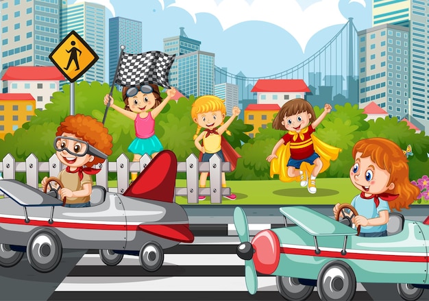 Outdoor scene with children racing car