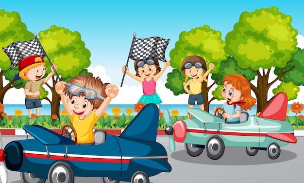 Scena all'aperto con auto da corsa per bambini