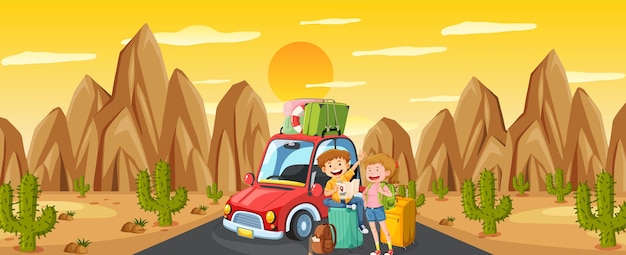 Vector outdoor scene with a couple travelling in desert scene