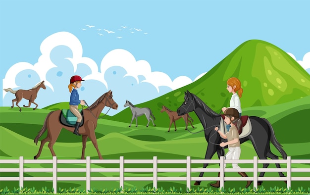 Vector outdoor scene with equestrian on horse