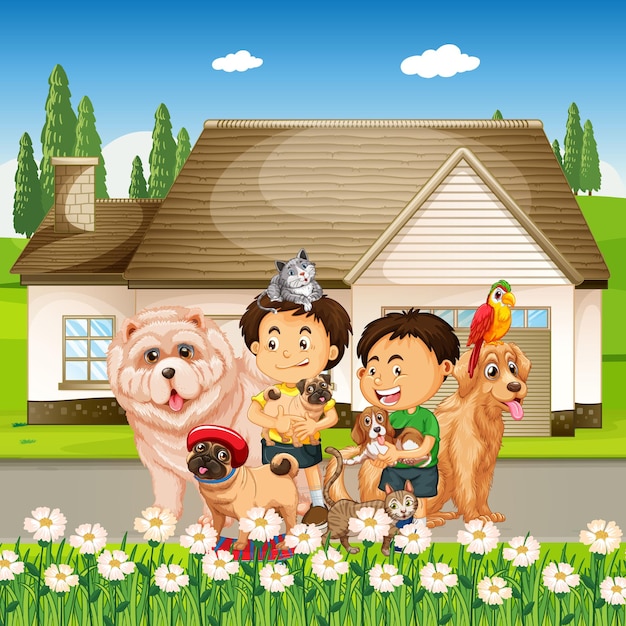 Outdoor scene with group of pet and children