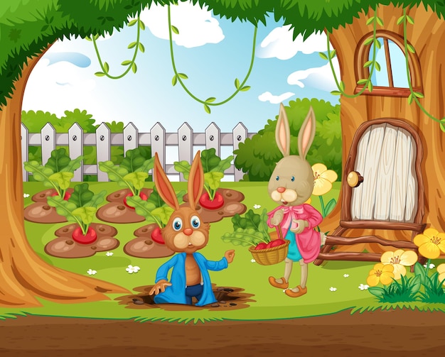 Vector outdoor scene with many happy rabbits in the garden