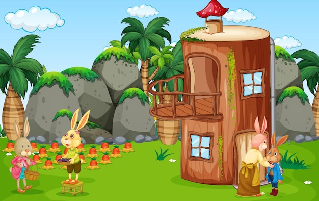 Outdoor scene with many rabbit cartoon character in the garden