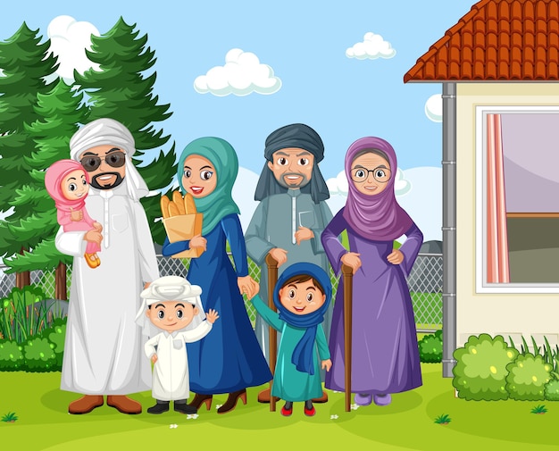 Vector outdoor scene with member of arab family