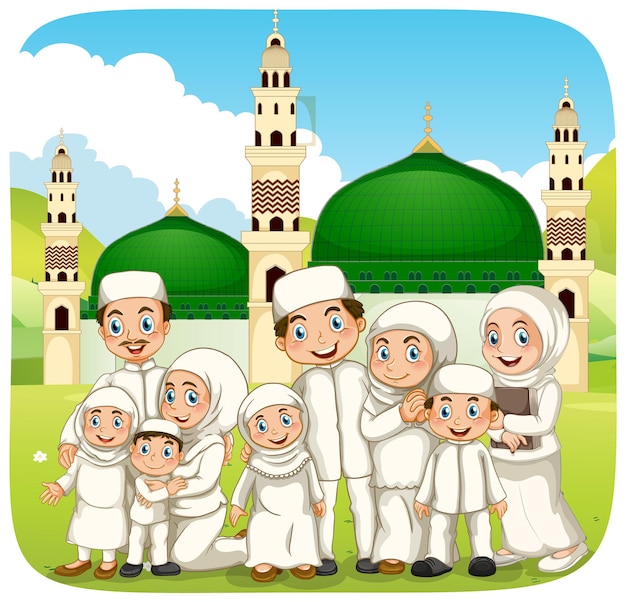 Outdoor scene with muslim family cartoon character