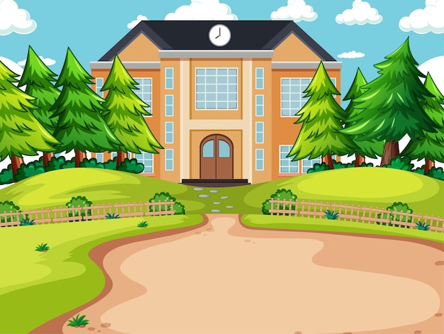 Vector outdoor scene with school building and nature elements