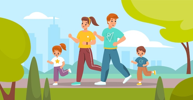 Attività sportive all'aperto famiglia felice nel parco che fa jogging genitori e figli impegnati a correre madre padre e bambini allenamento fitness tempo libero attivo stile di vita sano cartone animato vettoriale concetto isolato