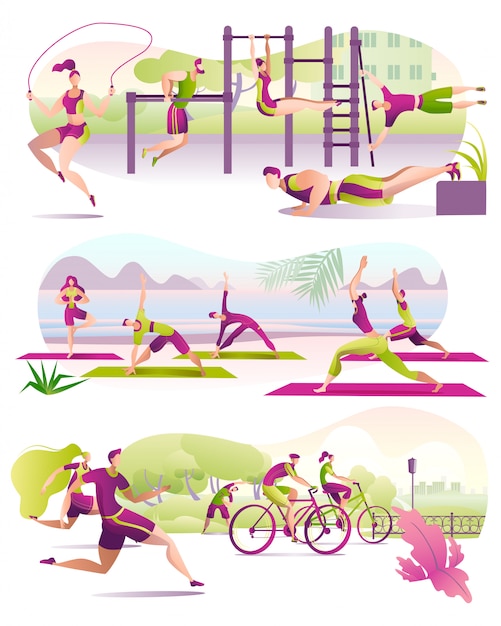 Sport all'aperto, attività fisica estiva per sportivi impegnati nella corsa, ciclismo, yoga e set di illustrazioni di fitness. esercizi sportivi, stile di vita sano all'aperto.