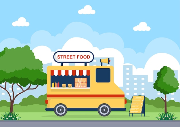 Outdoor Street and Food Truck Serving Fast Food such as Pizza or Burger  in Flat Illustration