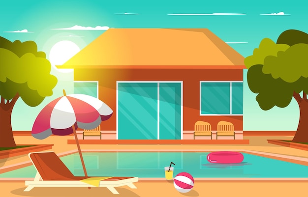 Outdoor Swimming Pool House Summer Leisure Relaxation Flat Design Illustration