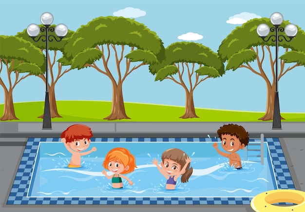 Scena della piscina all'aperto con bambini