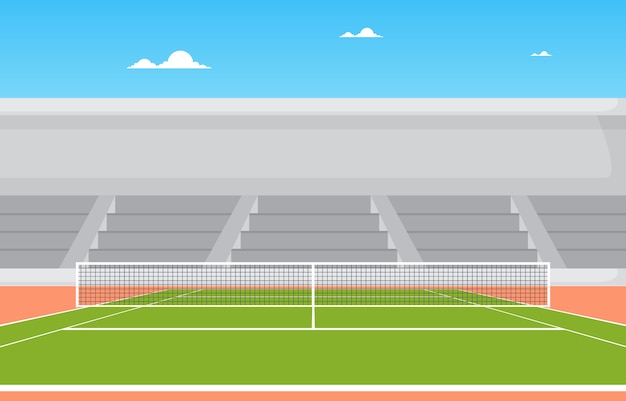 Вектор Открытый теннисный корт стенды спорт игры отдых мультфильм пейзаж
