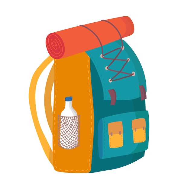 Outdoor tourist backpack icon concept hiking equipment duffel bag traveler stuff flat cartoon vector...