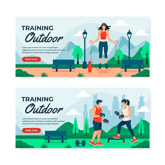 Vector outdoor training falt cartoon banner set