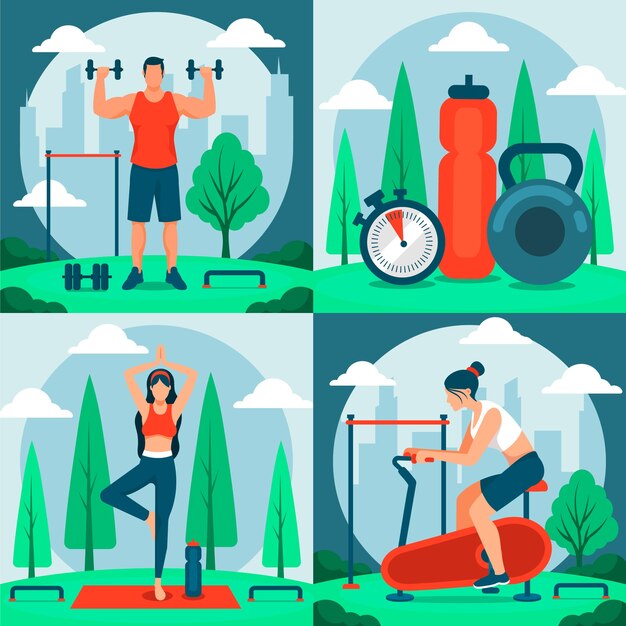 Outdoor training falt cartoon compositie set