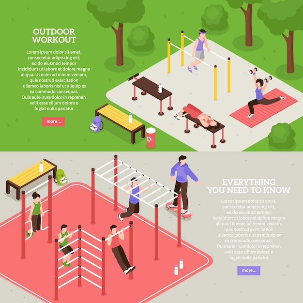 Outdoor training isometric cartoon banner set