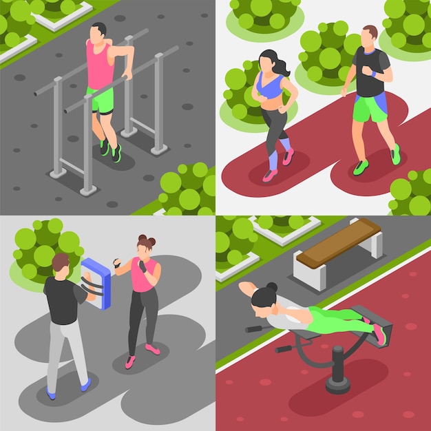 Outdoor training isometric cartoon composition set