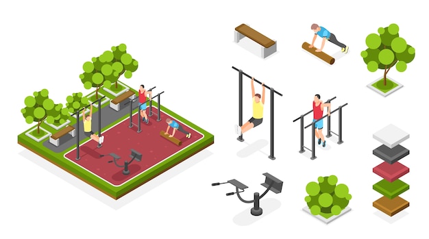 Outdoor training isometric cartoon icons and illustration set