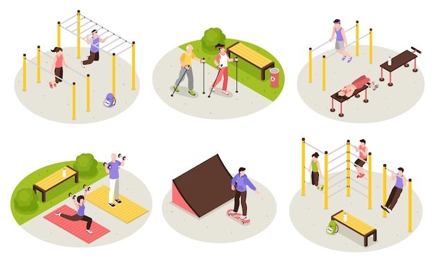 Outdoor training isometric cartoon mini compositions set