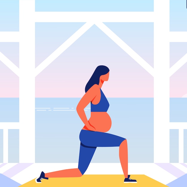 Vector outdoor training for pregnant on sea background.