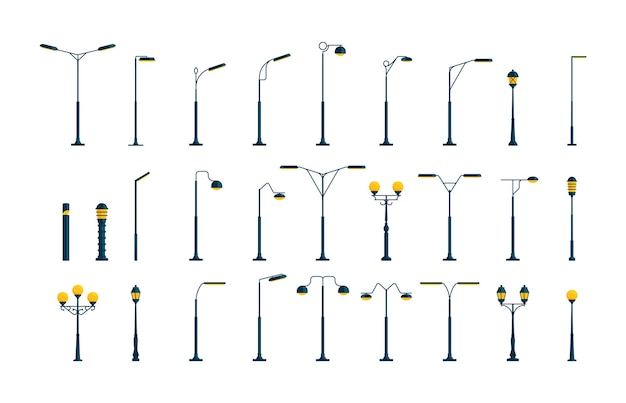 Vector outdoor urban light electric street lamp icons modern and vintage town lamp post ornamental design old streetlamp electric power vector set