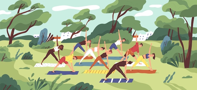 Плоская векторная иллюстрация занятий йогой на открытом воздухе. молодые женщины в спортивной одежде тренируются вместе в городском парке героев мультфильмов. здоровый образ жизни, активный отдых. занятия на свежем воздухе, физические упражнения.