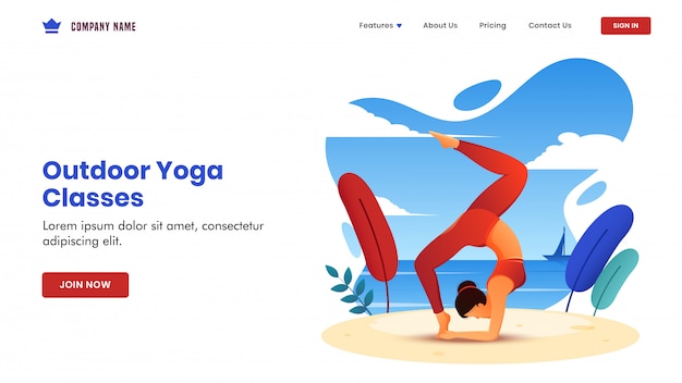 Outdoor yoga classes  based landing page  with young woman doing exercise in chakra asana pose on beach view .